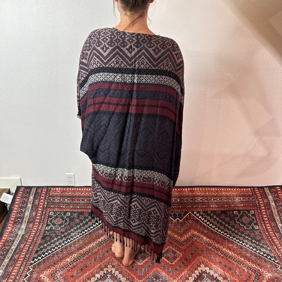 Free People Maroon Purple Long Kimono Shawl Fringe One Size Boho Swim Cover - Picture 3 of 5